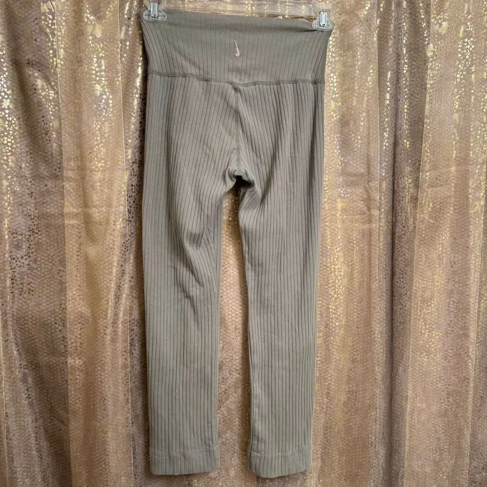 Nike Olive Green Wide Ribbed High Rise Split Hem Leggings Medium - Picture 2 of 10